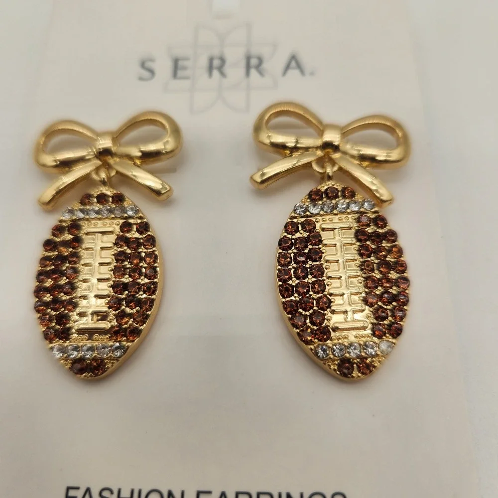 New SERRA Bow Football Earrings Brown Rhinestone Gold Tone‎ Fashion Jewelry NEW